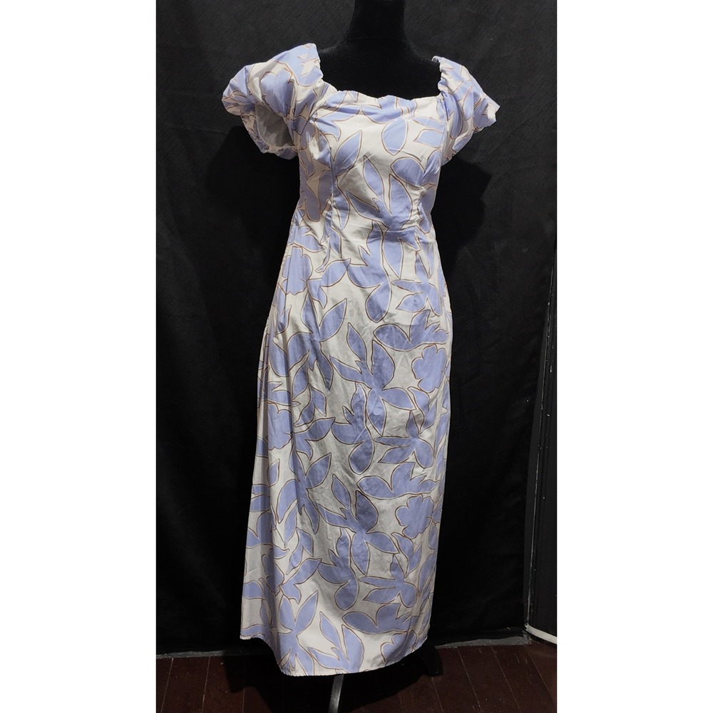 A New Day Women Floral Puff Sleeve Smocked Back Maxi Dress Blue White XS